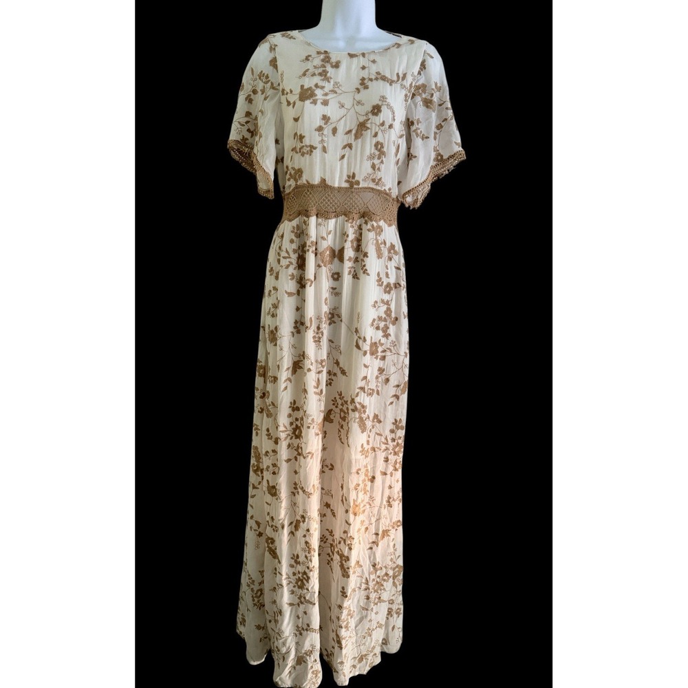 ZARA Trafaluc Maxi Dress M White Embroidered Boho Open Back Crochet Lace Beige - Picture 2 of 14